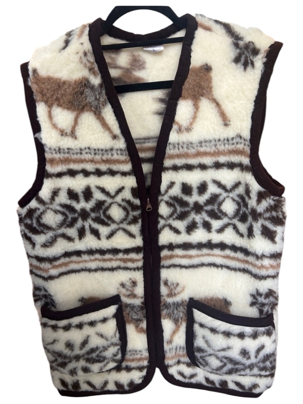 Eluna 100% Wool Fleece Vest Elk Deer Fair Isle Brown Off White Size L